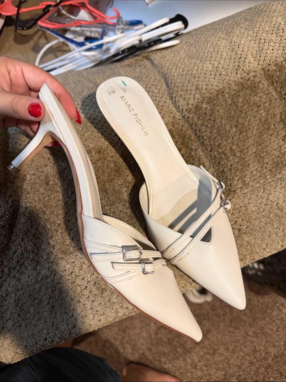 Marc Fisher Cream Pointed-Toe Buckle Mules